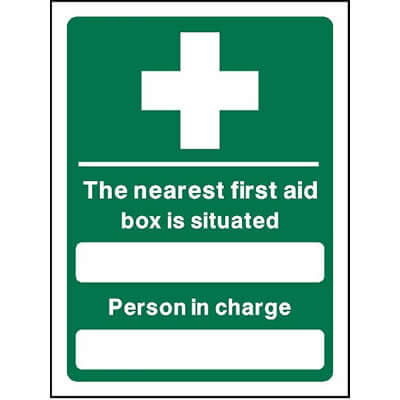 The nearest first aid box is situated sign